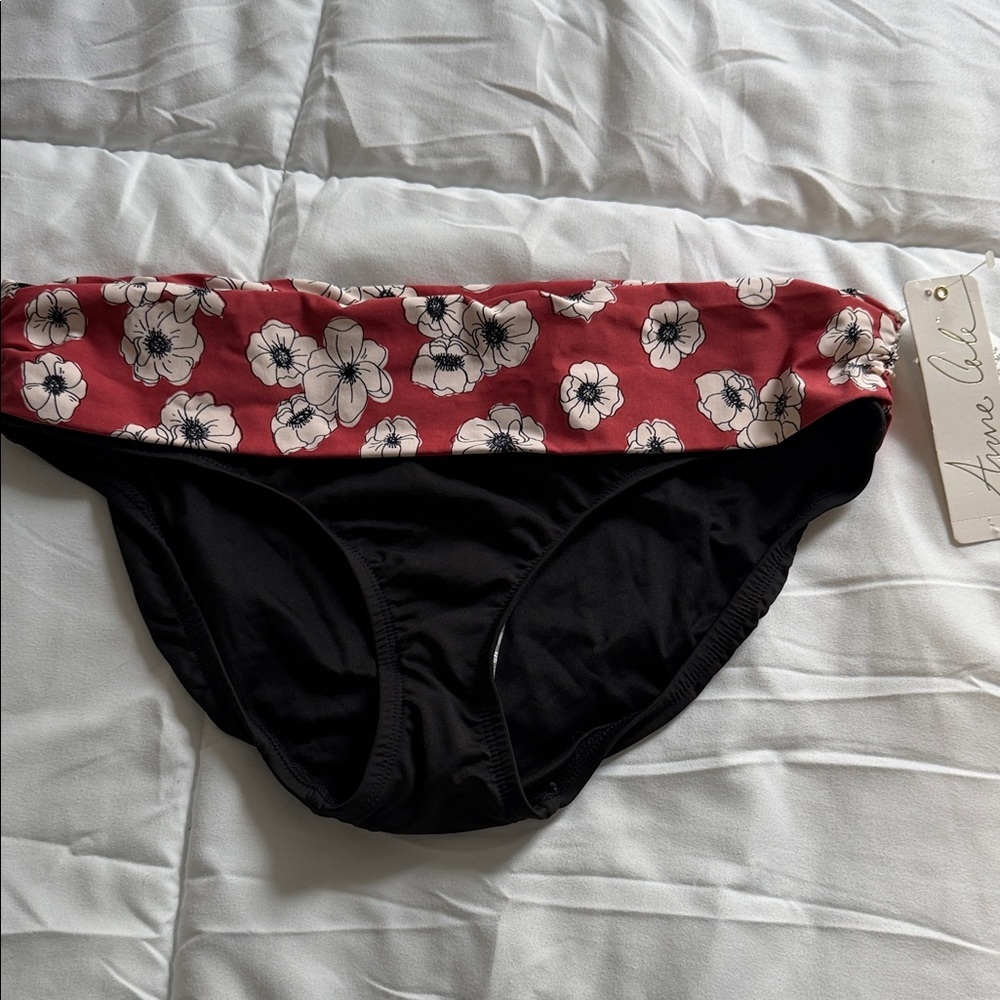 Anne Cole Black Bikini Bottom with Red Floral Fold-Over Waistband